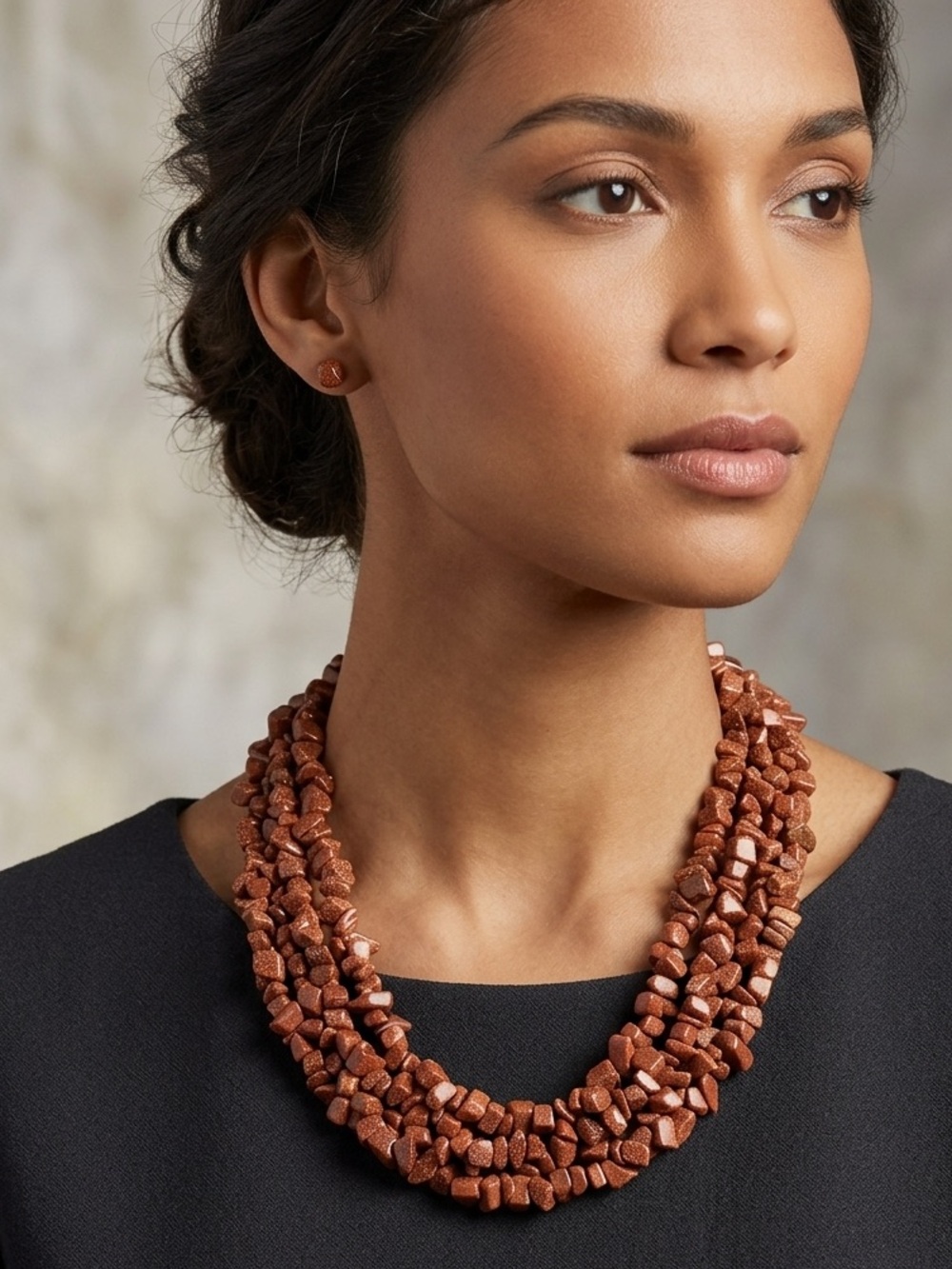 Vintage Brown Goldstone Multi-Strand Statement Necklace & Bracelet Set